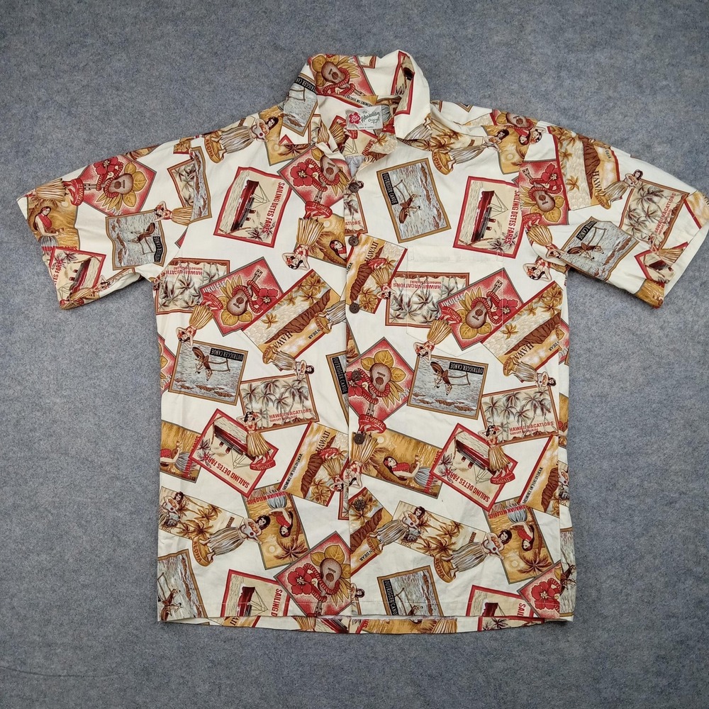 Hilo Hattie Shirt Mens Medium Multicolor Hawaiian Postcard Aloha Button Front